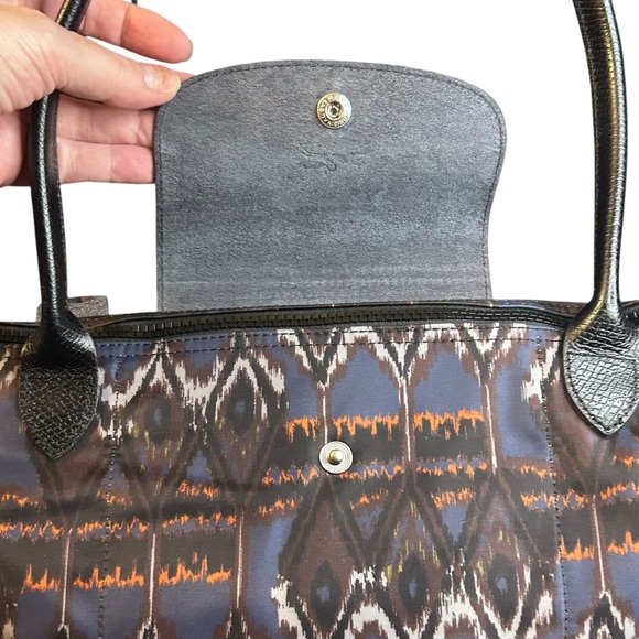 Longchamp Le Pliage Leather Shoulder Tote Bag Blue Orange Pattern - Picture 7 of 12